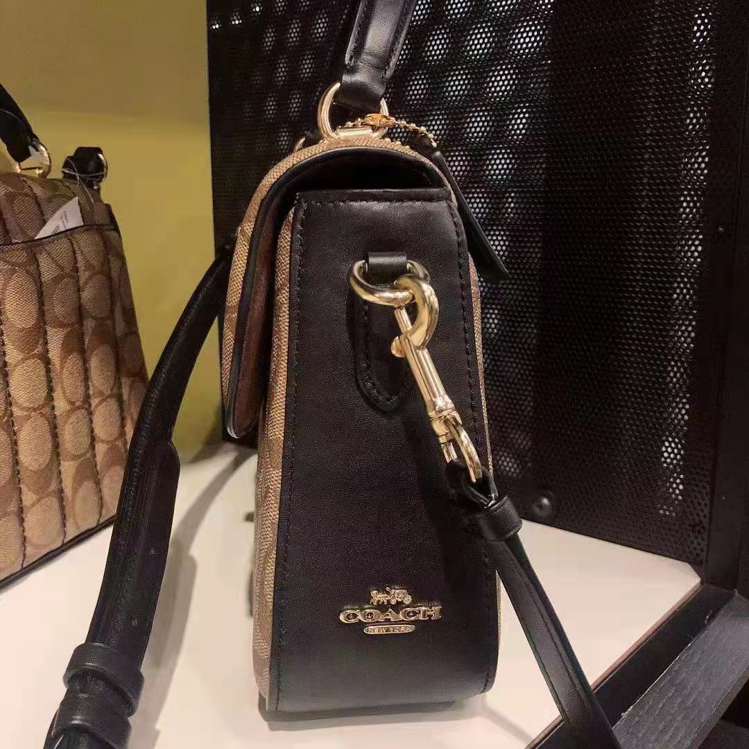 Coach C5645 Marlie Top Handle Satchel In Signature Canvas With Quilting In Khaki/Black Coach C5645 Marlie Top Handle Satchel In Signature Canvas With Quilting In Khaki/Black